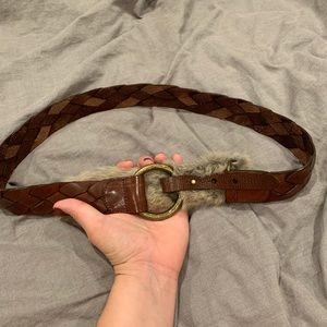 Brown Leather & Fur Belt with Brass Hardware